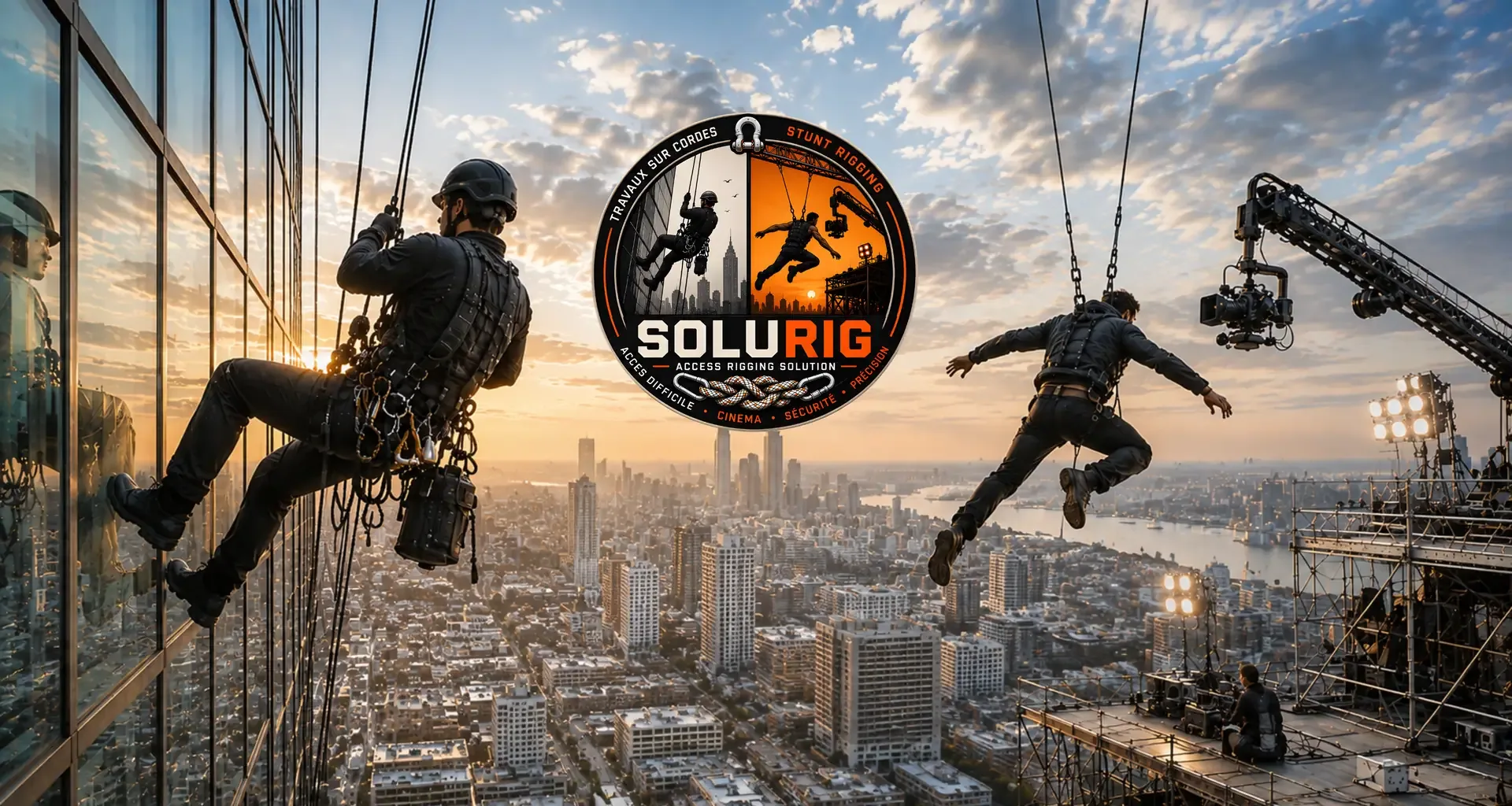 Cordiste SOLURIG en descente sur une façade vitrée et cascadeur suspendu sur câbles face à une grue caméra, au coucher du soleil.