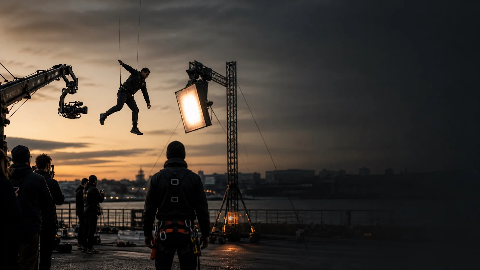 Cascadeur suspendu à deux câbles en plein saut, grue caméra et projecteurs cinéma en arrière-plan.