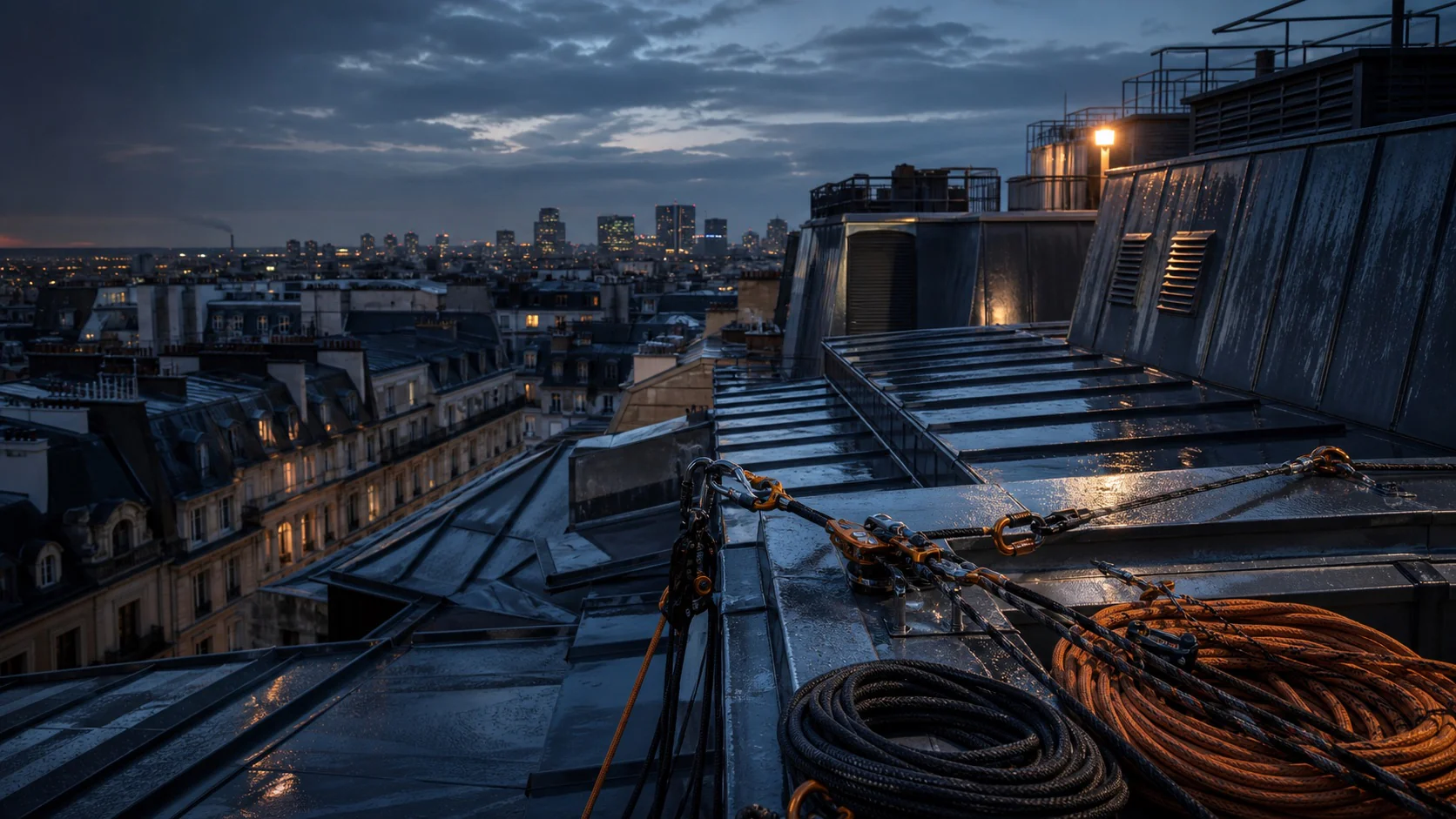 Vue urbaine en hauteur au coucher du soleil, dispositif de rigging installé en toiture.