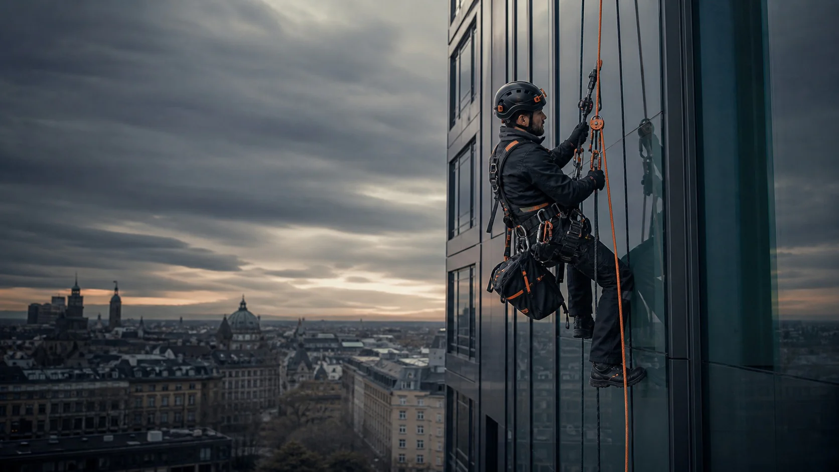 Cordiste en descente sur une façade vitrée d'immeuble de grande hauteur.